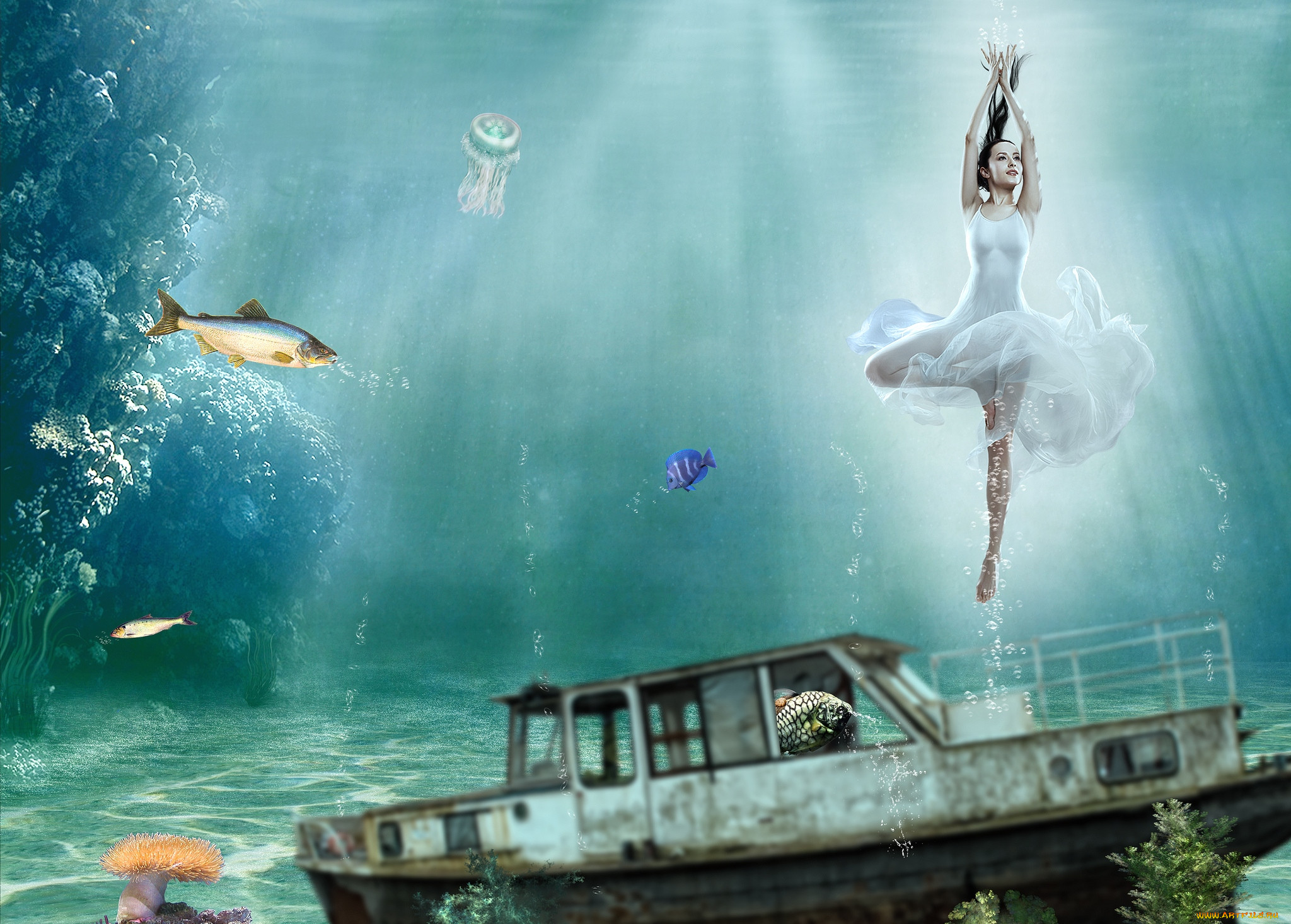 Приснилась большая вода. Балерина под водой. Под водой фэнтези. Рыба плывет в воде. Девушка под водой с рыбками.